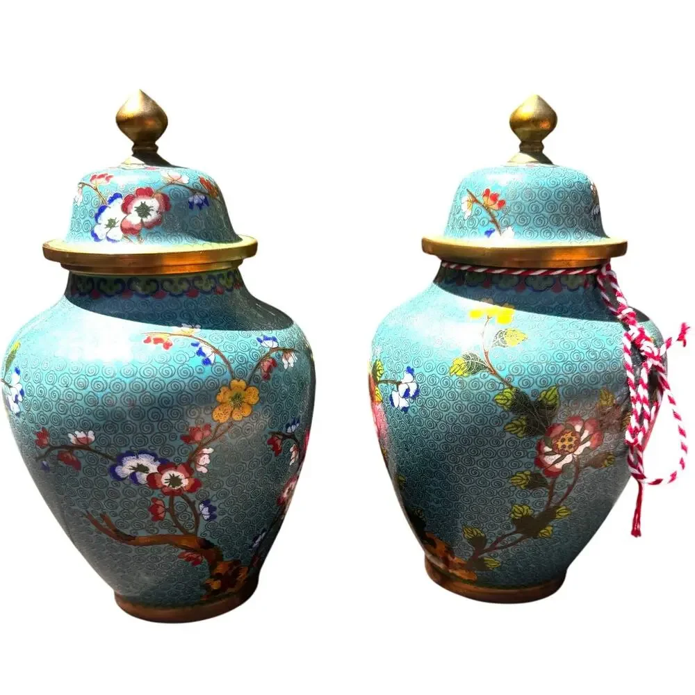 Vintage Chinese Cloisonne Ginger Jars Pair -Turquoise Floral Lidded Urns Amazing